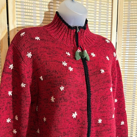 Coldwater Creek Red Knit Ugly Holiday Sweater Cardigan Winter Activities Medium - Picture 2 of 16